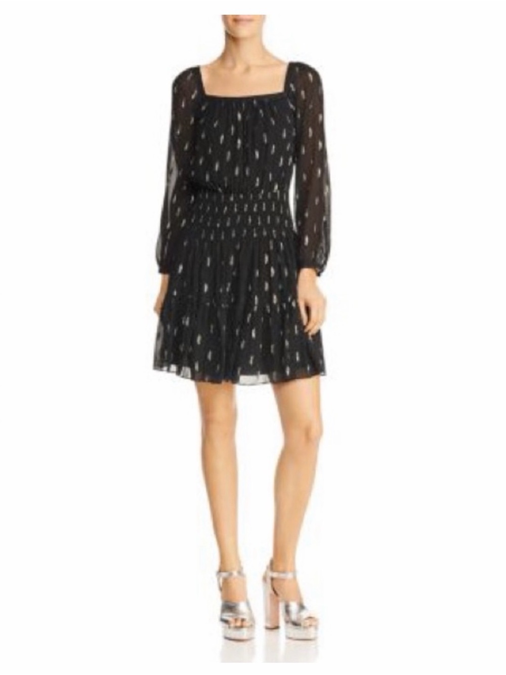 Rebecca Taylor Black Gold Metallic Bishop Sleeve Dress with Smocked Waist
